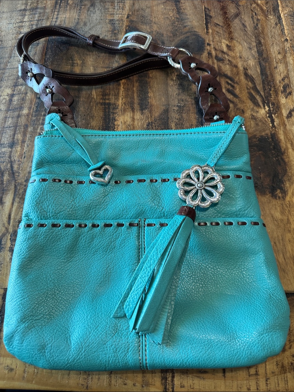 Turquoise Leather Crossbody Bag with Floral Medallion
